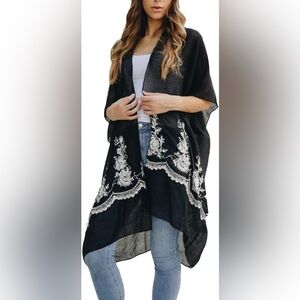 Womens Floral Embroidered Chiffon Kimono‎ Cardigan